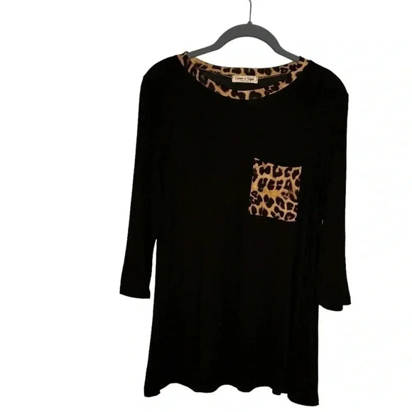 Cream N Sugar Oversized Soft/Stretchy Shirt w/Pocket-Black/Leopard Print New (S) - Picture 1 of 6